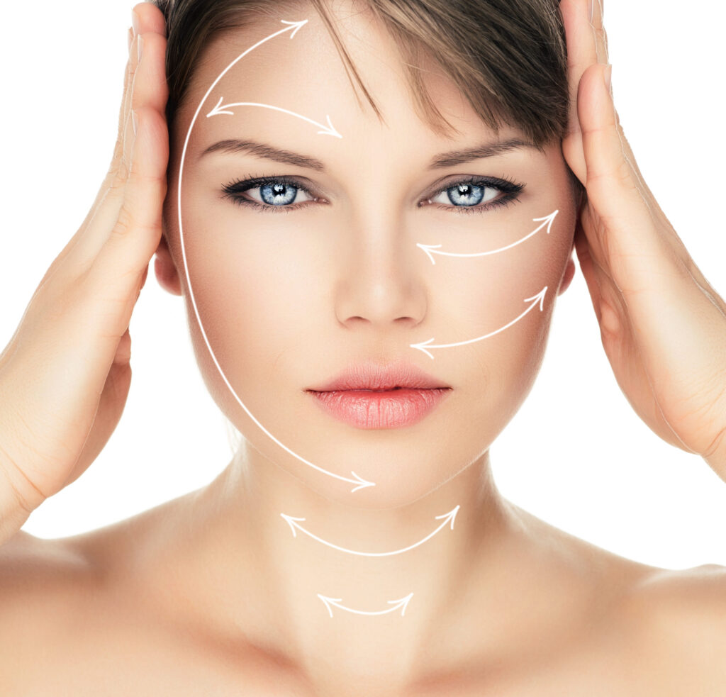 Botox and Fillers at Bayswater Dental Surgery. Photo of a womans face with white directional arrows around the left eye and under the chin.